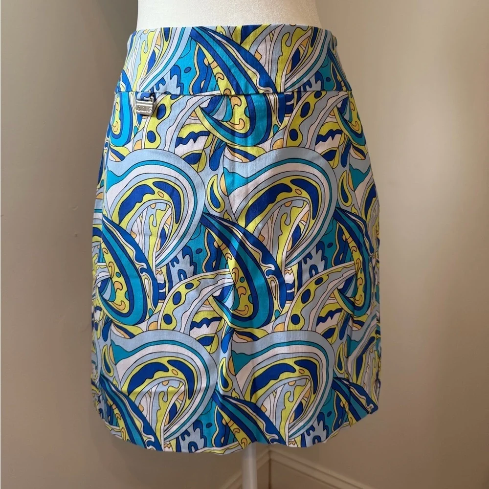 Lulu-B Size 4 Blue & Yellow Psychedelic Print Skort | Golf Resort Stretch Skirt